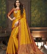 Yellow woven banarasi silk saree with blouse