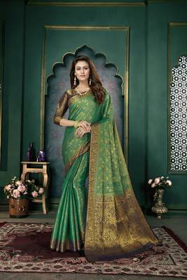 Green woven banarasi silk saree with blouse 1