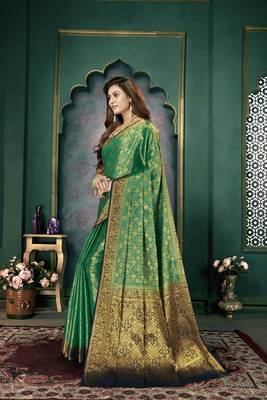Green woven banarasi silk saree with blouse 2