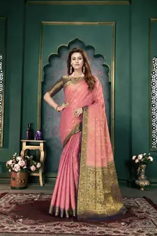 Light pink woven banarasi silk saree with blouse