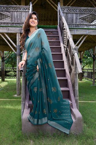 Blue Printed Blended Cotton Saree With Blouse