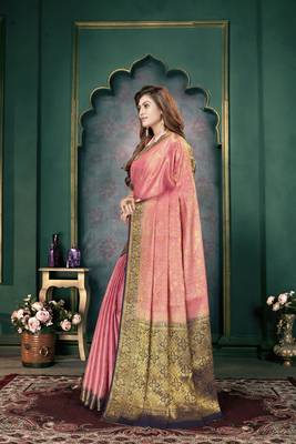 Light pink woven banarasi silk saree with blouse 2