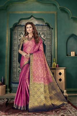 Pink woven banarasi silk saree with blouse 1