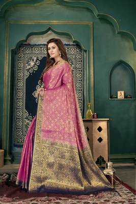 Pink woven banarasi silk saree with blouse 2
