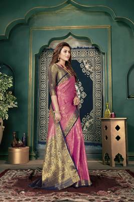 Pink woven banarasi silk saree with blouse 3