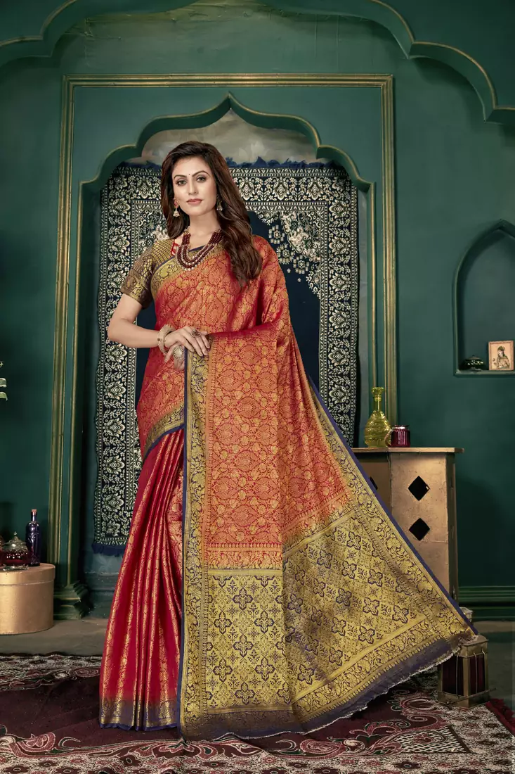 Red woven banarasi silk saree with blouse