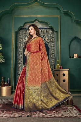 Red woven banarasi silk saree with blouse 2