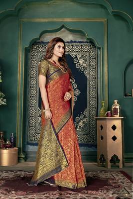Red woven banarasi silk saree with blouse 3