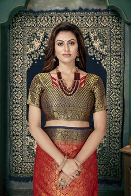 Red woven banarasi silk saree with blouse 4