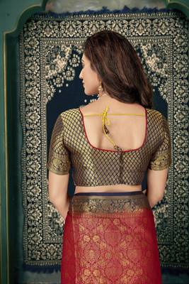 Red woven banarasi silk saree with blouse 5