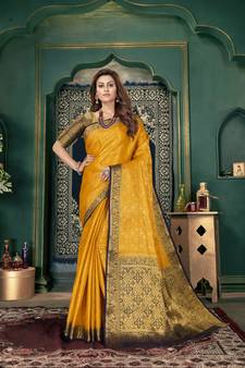 Yellow woven banarasi silk saree with blouse