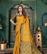 Yellow woven banarasi silk saree with blouse