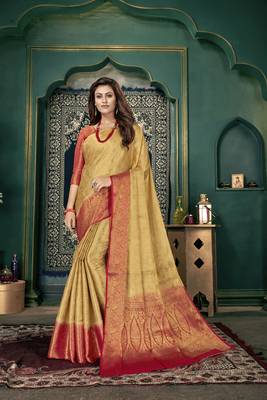 Beige woven banarasi silk saree with blouse 1