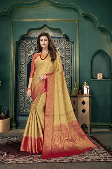 Beige woven banarasi silk saree with blouse