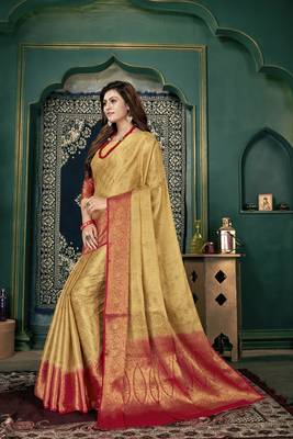 Beige woven banarasi silk saree with blouse 2