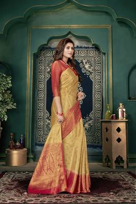 Beige woven banarasi silk saree with blouse 3