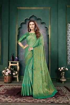 Turquoise woven banarasi silk saree with blouse 1