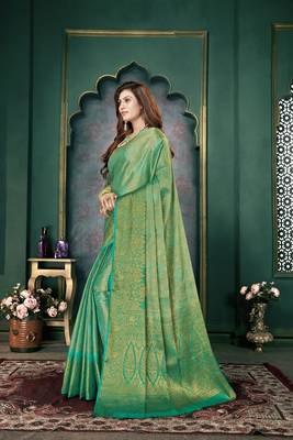 Turquoise woven banarasi silk saree with blouse 2