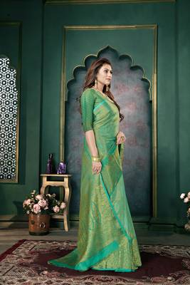 Turquoise woven banarasi silk saree with blouse 3
