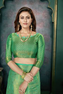 Turquoise woven banarasi silk saree with blouse 4