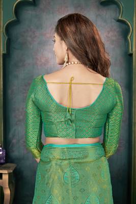 Turquoise woven banarasi silk saree with blouse 5