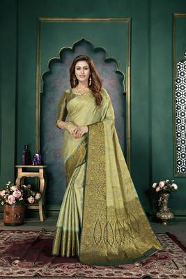 Green woven banarasi silk saree with blouse 1