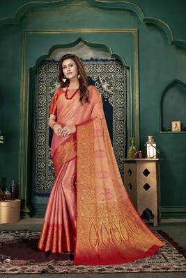 Pink woven banarasi silk saree with blouse 1