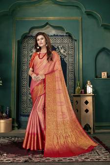 Pink woven banarasi silk saree with blouse