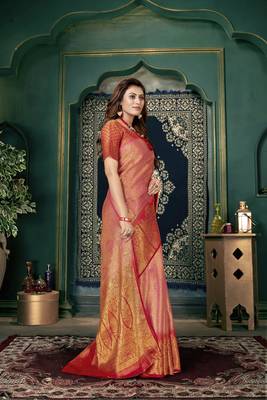 Pink woven banarasi silk saree with blouse 3