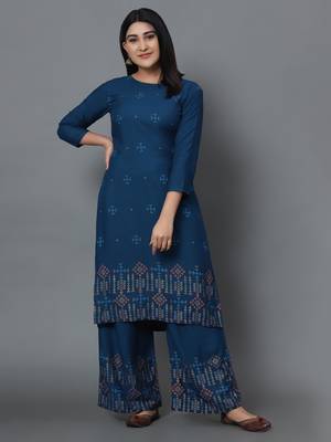 Teal-blue printed rayon ethnic-kurtis 1