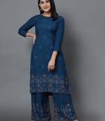 Teal-blue printed rayon ethnic-kurtis