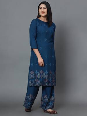 Teal-blue printed rayon ethnic-kurtis 3