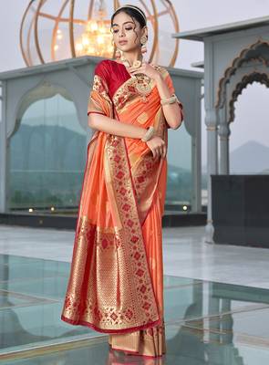 Peach Colour Organza Silk Designer Traditional Saree 1