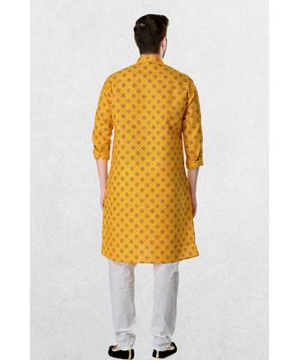 yellow cotton kurta for men with printed design work 1