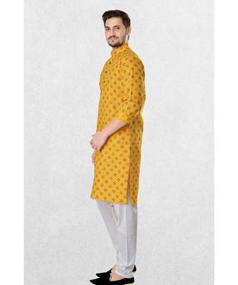 yellow cotton kurta for men with printed design work 3