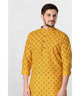 yellow cotton kurta for men with printed design work 4