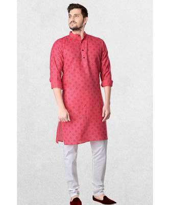 pink cotton kurta for men with printed design work 3