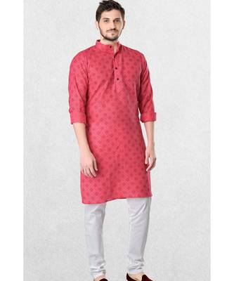 pink cotton kurta for men with printed design work 4