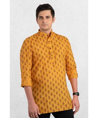 yellow printed short kurta for men 3