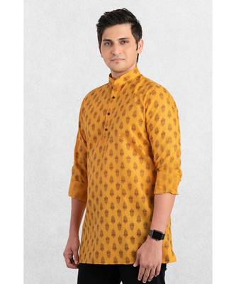 yellow printed short kurta for men 4