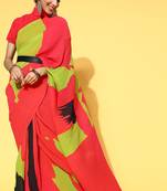 Red printed georgette saree with blouse
