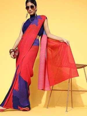 Red printed georgette saree with blouse 1