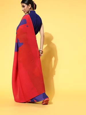 Red printed georgette saree with blouse 2