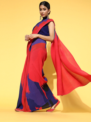 Red printed georgette saree with blouse 3