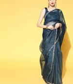 Teal woven organza saree with blouse