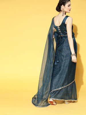 Teal woven organza saree with blouse 2