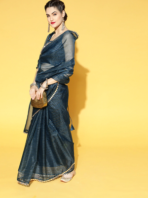 Teal woven organza saree with blouse 3