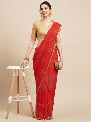 SAREE MALL Women's Chiffon Red Embellished Designer Saree With Blouse Piece 1
