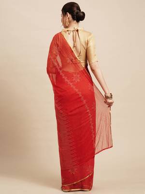 SAREE MALL Women's Chiffon Red Embellished Designer Saree With Blouse Piece 2