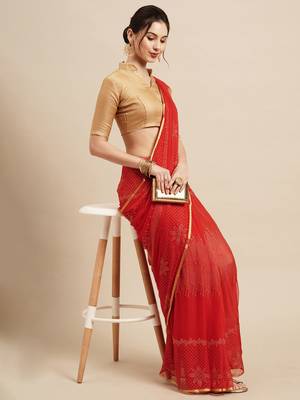 SAREE MALL Women's Chiffon Red Embellished Designer Saree With Blouse Piece 3